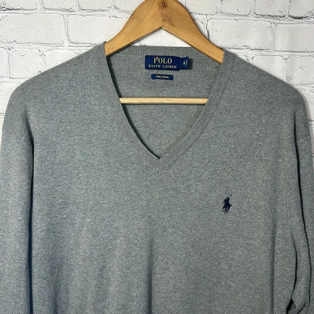 Polo Ralph Lauren Pima Cotton Mens‎ Gray Vneck Sweater size XL
